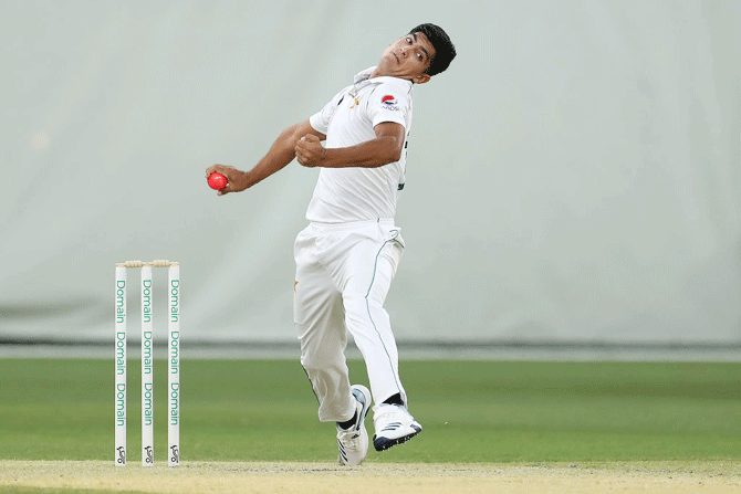 Pakistan's Naseem Shah bowls day three of the International Tour match between Australia A and Pakistan at Optus Stadium in Perth, Australia on November 13. Naseem, with only seven first class matches under his belt, is the youngest of three teenagers competing for a pace bowling slot in the opening match at the Gabba on Thursday