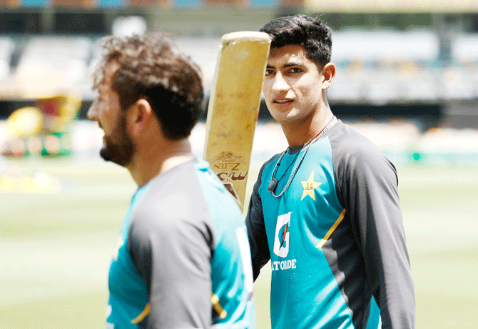 Pakistan's Naseem Shah arrives for a Pakistan nets session at The Gabba in Brisbane on Tuesday