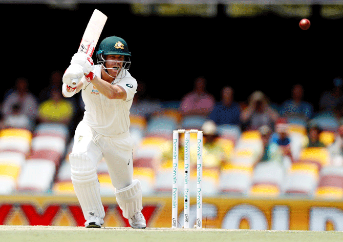 Australia's David Warner bats on Day 2 of the 1st Test against Pakistan at The Gabba in Brisbane on Friday
