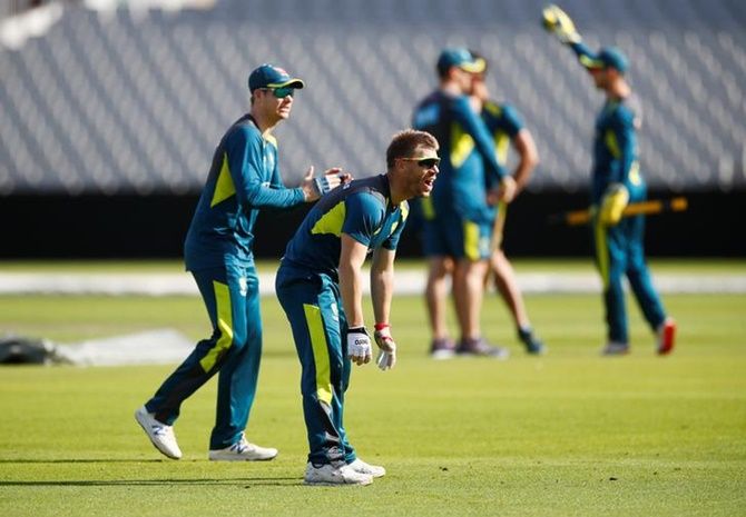 David Warner and Steve Smith during an Australia nets session.