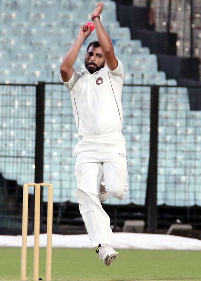 Mohammed Shami bowls with the pink ball.