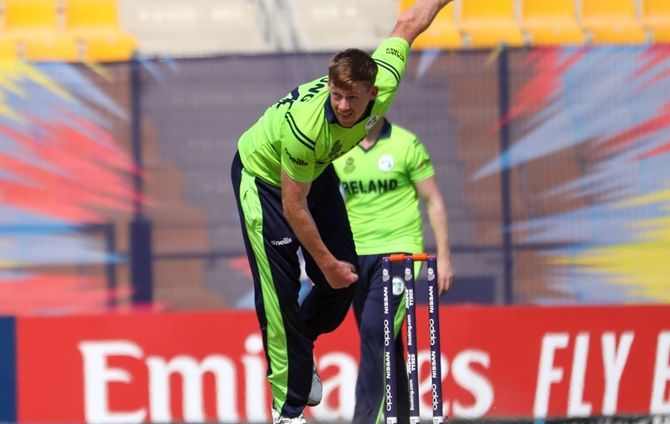 Ireland's Craig Young bowls in the World T20 qualifier against Nigeria.