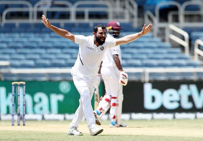 Mohammad Shami unsuccessfully appeals for the wicket of Jeremiah Blackwood