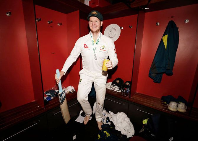 Steve Smith celebrates in the change rooms after Australia claimed victory in the 4th Test to retain the Ashes at Old Trafford in Manchester on Sunday