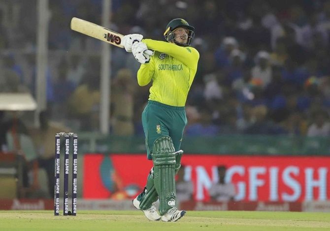South Africa captain Quinton de Kock hits a four during the second T20 International against India, in Mohali,