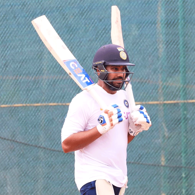 Rohit Sharma, seen here in the nets, has a lot of responsibility riding on him going into the first Test. The batting, not just the bats, clearly rest on the opener's shoulders