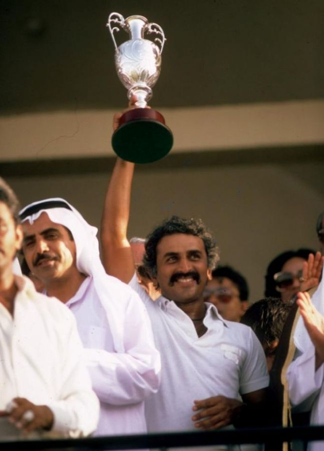 India captain Sunil Gavaskar lifts the inaugural Asia Cup trophy
