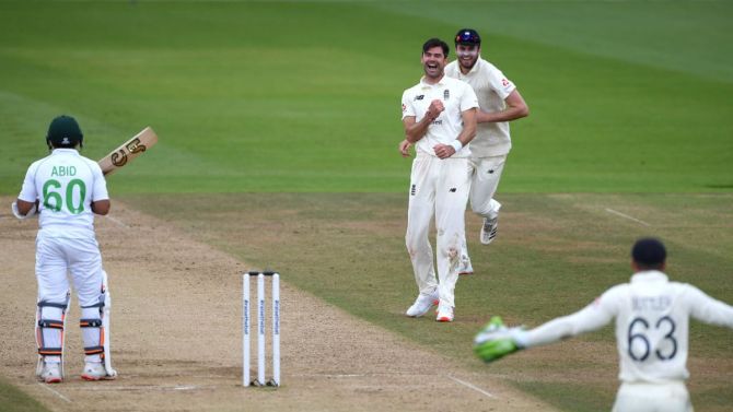 James Anderson celebrates after trapping Abid Ali LBW. 