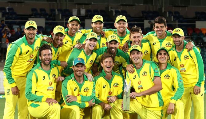 Australia celebrate with the Series Trophy after claiming the series 2-1