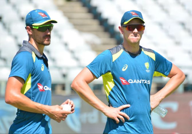 Australia pacers Mitchell Starc and Josh Hazlewood at a training session. Hazlewood said the Aussies will use the short-ball technique on bouncy Australian pitches