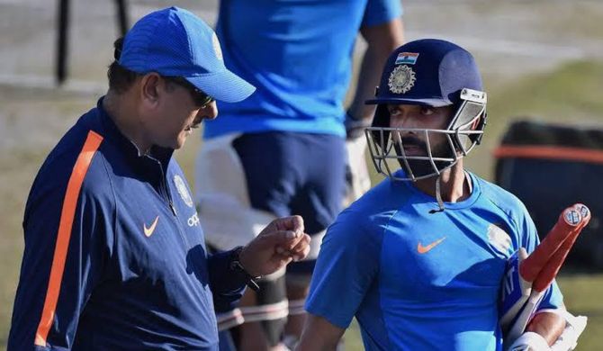 India coach Ravi Shastri with Ajinkya Rahane in the nets. 'Rahane is a composed, balanced guy. He's aggressive but he's in control.'