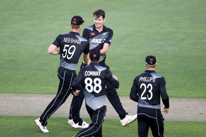 New Zealand's Jacob Duffy celebrates his wicket of Pakistan's Muhammad Hafeez during game one of their T20I at Eden Park in Auckland on Friday