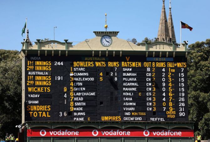 The scoreboard at the Adelaide Oval on Day 3 of the 1st Test.