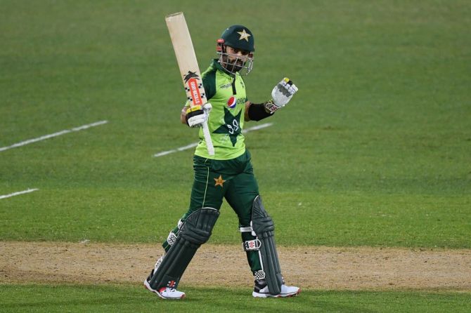 Pakistan's Mohammad Rizwan celebrates on completing his half-century during the third T20I  against New Zealand at McLean Park in Napier on Tuesday