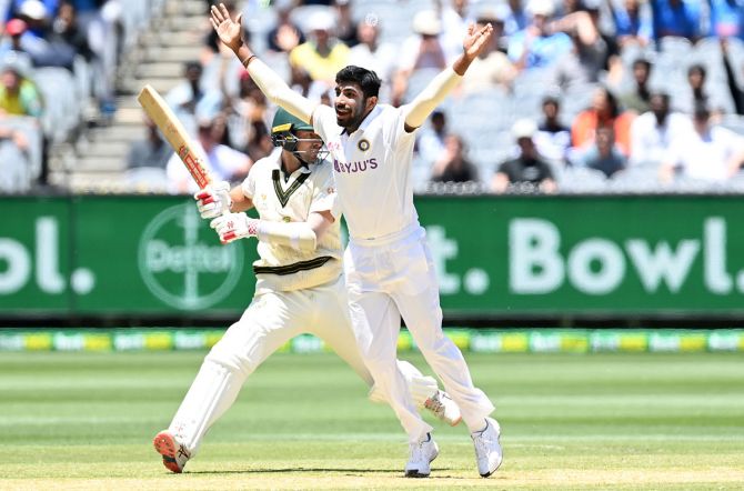 India pacer Jasprit Bumrah appeals for leg before wicket against Australia opener Joe Burns during Day 3 of the second Test, at the Melbourne Cricket Ground, on Monday.
