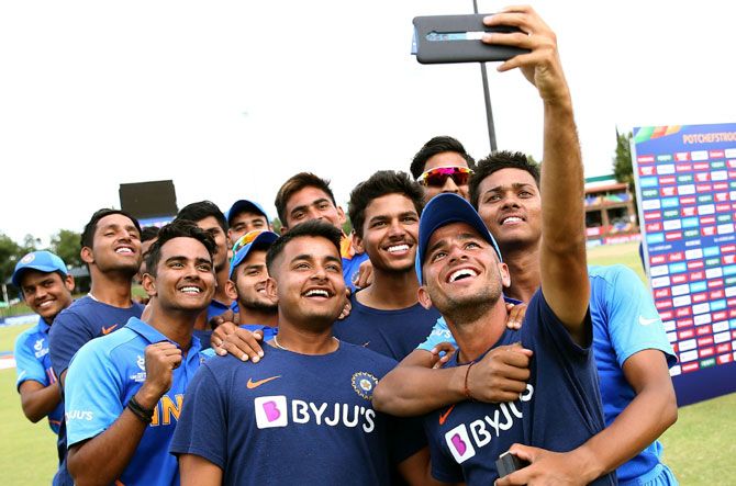India's players pose for a selfie after trouncing Pakistan in the semi-finals of the Under-19 Word Cup in Potchefstroom, South Africa, on Tuesday