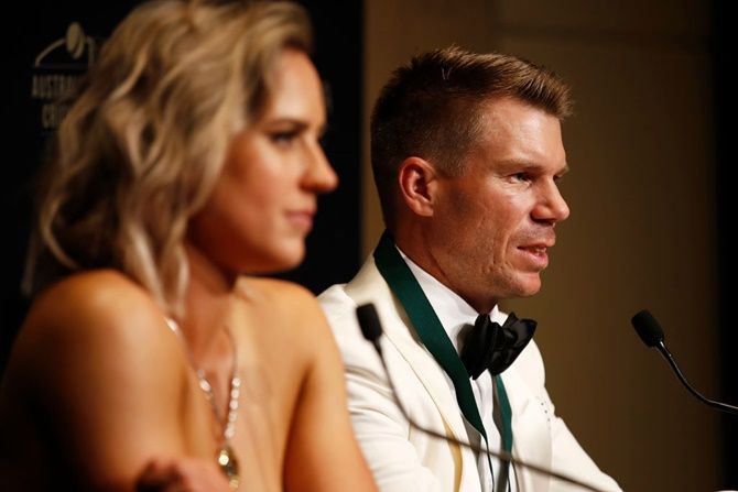 David Warner speaks to the media, along side Ellyse Perry, after the 2020 Cricket Australia Awards.