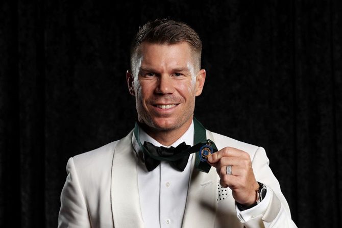 David Warner poses with the Allan Border Medal during the 2020 Cricket Australia Awards at Crown Palladium, in Melbourne