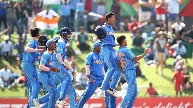 India players celebrate a stumping by Dhruv Jurel during the ICC Under-19 World Cup final against Bangladesh, at JB Marks Oval in Potchefstroom, South Africa. 