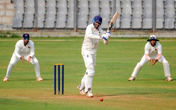 Madhya Pradesh batsman Venkatesh Iyer plays a shot during his unbeaten 87 against Mumbai at the Wankhede stadium on Thursday