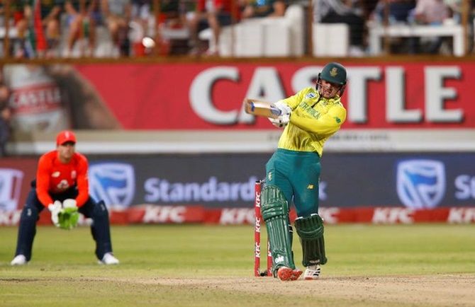 South Africa's Quinton de Kock hits a six during his knock of 65.