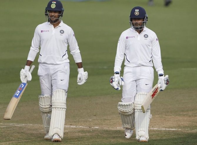 Openers Mayank Agarwal and Prithvi Shaw  put on a good 50-run partnership as India finished Day 2 on 59 without loss in their second innings.