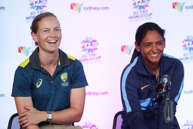 Australia's captain Meg Lanning, left, and India's captain Harmanpreet Kaur address the media at Sydney Opera House on Wednesday