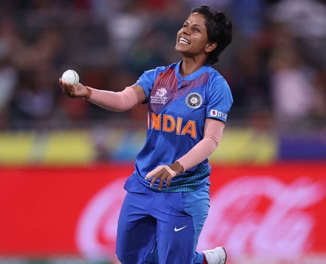 India's Poonam Yadav celebrates after taking the wicket of Australia's Alyssa Healy  during the ICC women's T20 World Cup match, at Sydney Showground Stadium, on Friday.