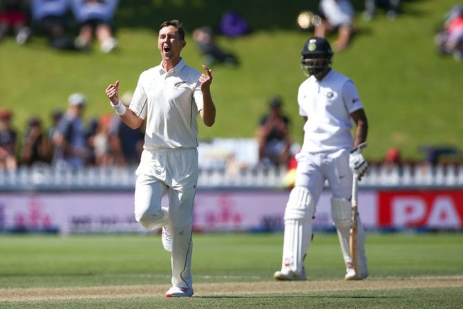 New Zealand pacer Trent Boult celebrates after taking the wicket of Ajinkya Rahane on Monday, Day 4 of the first Test at Basin Reserve, in Wellington.