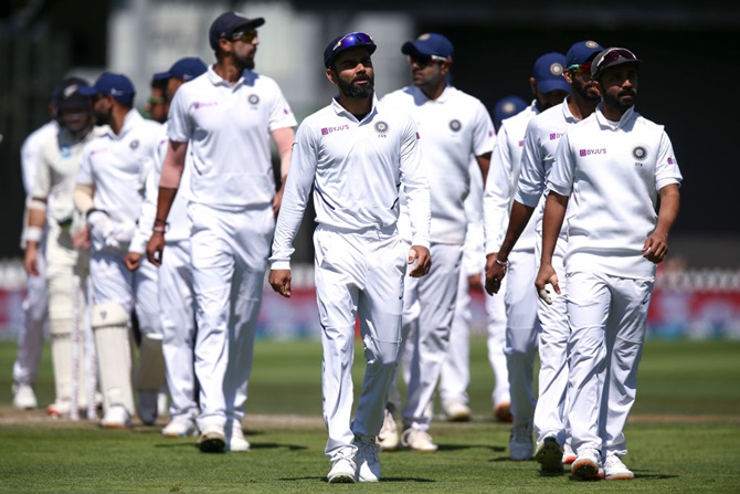 India's skipper Virat Kohli leads his players off the Basin Reserve in Wellington at the conclusion of the first Test against New Zealand on Monday.