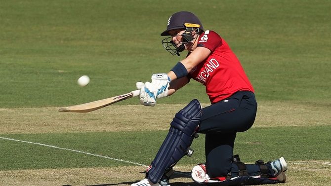 England's Heather Knight bats during her record-breaking knock against Thailand in the ICC women's T20 World Cup at Manuka Oval, in Canberra