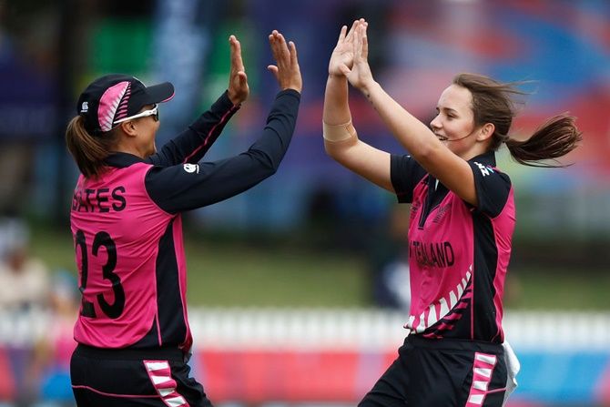New Zealand's Amelia Kerr, right, celebrates after dismissing Shafali Verma