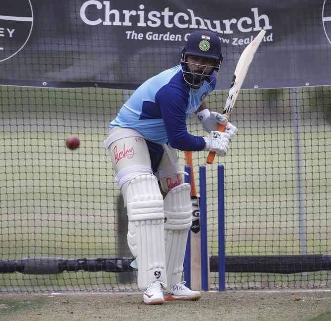 Prithvi Shaw bats in the nets during Team India's training session in Christchurch.