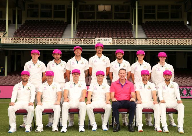 The Australian Men's Test Cricket team and Glenn McGrath pose for a photograph wearing the 'Baggy Pink' in support of the McGrath Foundation at the Sydney Cricket Ground in Sydney on Thursday