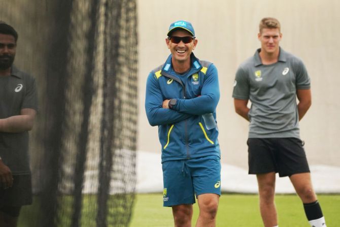 Coach Justin Langer looks on during an Australian Test team training session at the Sydney Cricket Ground on Wednesday