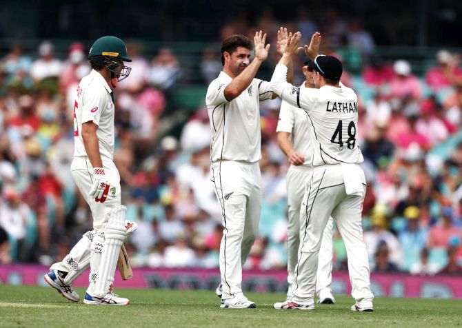 New Zealand's Colin de Grandhomme celebrates after taking the wicket of Australia's Joe Burns 