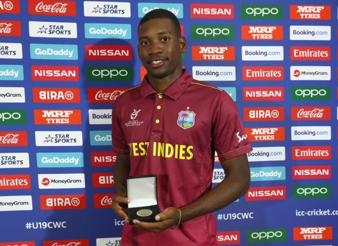 West Indies' Nyeem Young with the Man of the Match award after his match-winning show against England