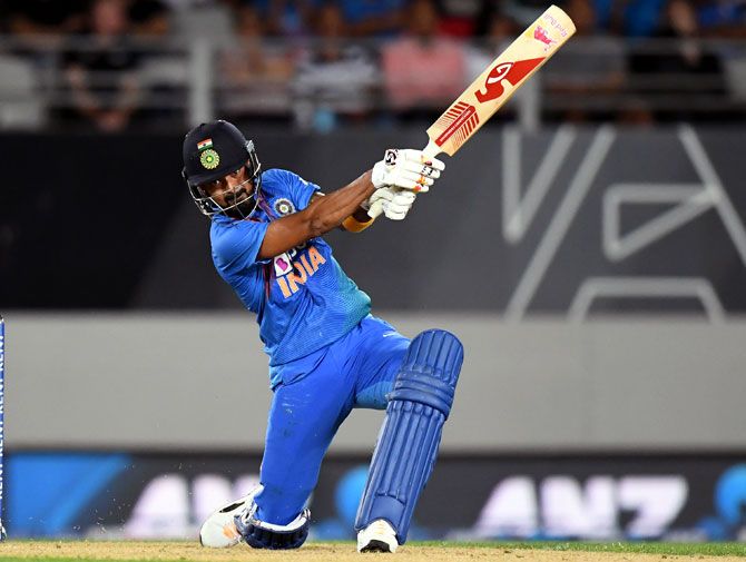 K L Rahul bats during the first T20I against New Zealand in Auckland on Friday.