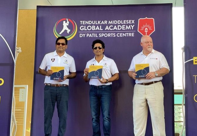 Mumbai Cricket Association president Vijay Patil, Sachin Tendulkar and Mike Gatting at the launch of 'Tendulkar Middlesex Global Academy DY Patil Sports Centre' in Nerul, Navi Mumbai