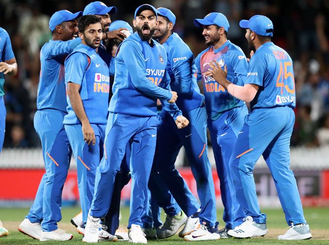 India's players celebrate the dismissal of Ross Taylor during the third T20I against New Zealand in Hamilton on Wednesday