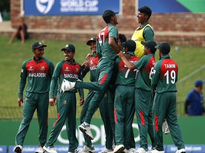 Bangladesh players celebrate victory over South Africa in the ICC Under-19 World Super League Cup quarter-final