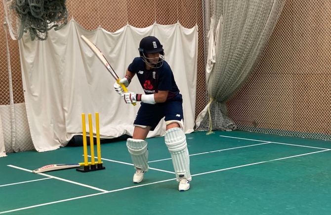 Joe Root bats at a nets session held indoors on Tuesday