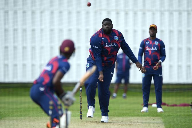 West Indies' Rahkeem Cornwall bowls during a nets session at Ageas Bowl in Southampton on Monday 