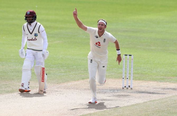 England's Stuart Broad celebrates taking his 500th test wicket with the wicket of West Indies' Kraigg Brathwaite during the third Test at Emirates Old Trafford in Manchester on Tuesday 