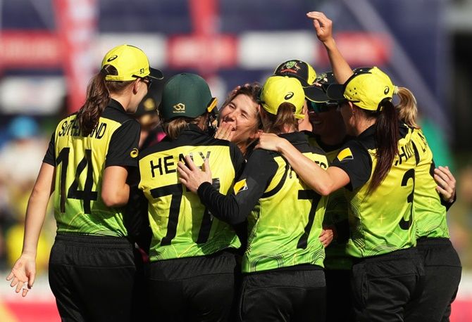 Australia's players celebrate a dismissal during the ICC Women's T20 World Cup.