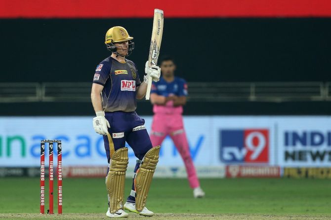 Kolkata Knight Riders captain Eoin Morgan celebrates his fifty against Rajasthan Royals during the IPL match in Dubai on Sunday.