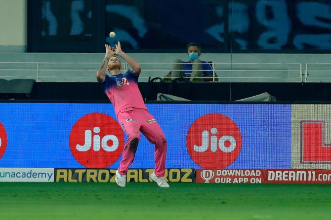 Ben Stokes gets into position to catch Sunil Narine off the bowling of Rahul Tewatia