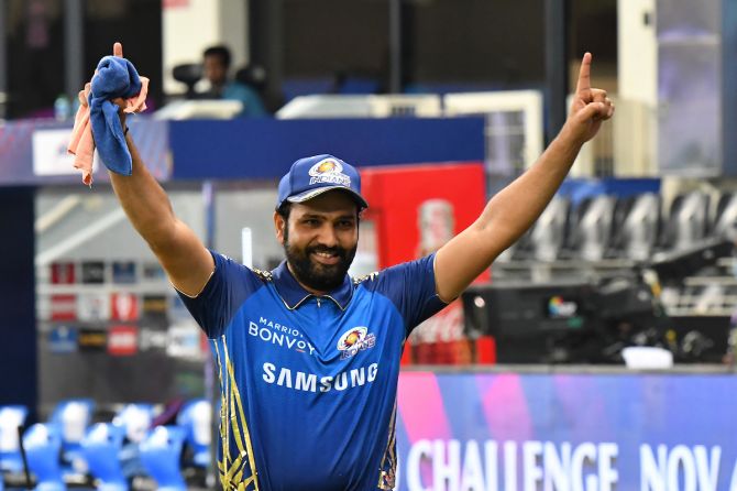 Mumbai Indians captain Rohit Sharma celebrates victory over Delhi Capitals in Qualifier 1 of IPL 2020 in Dubai on Thursday