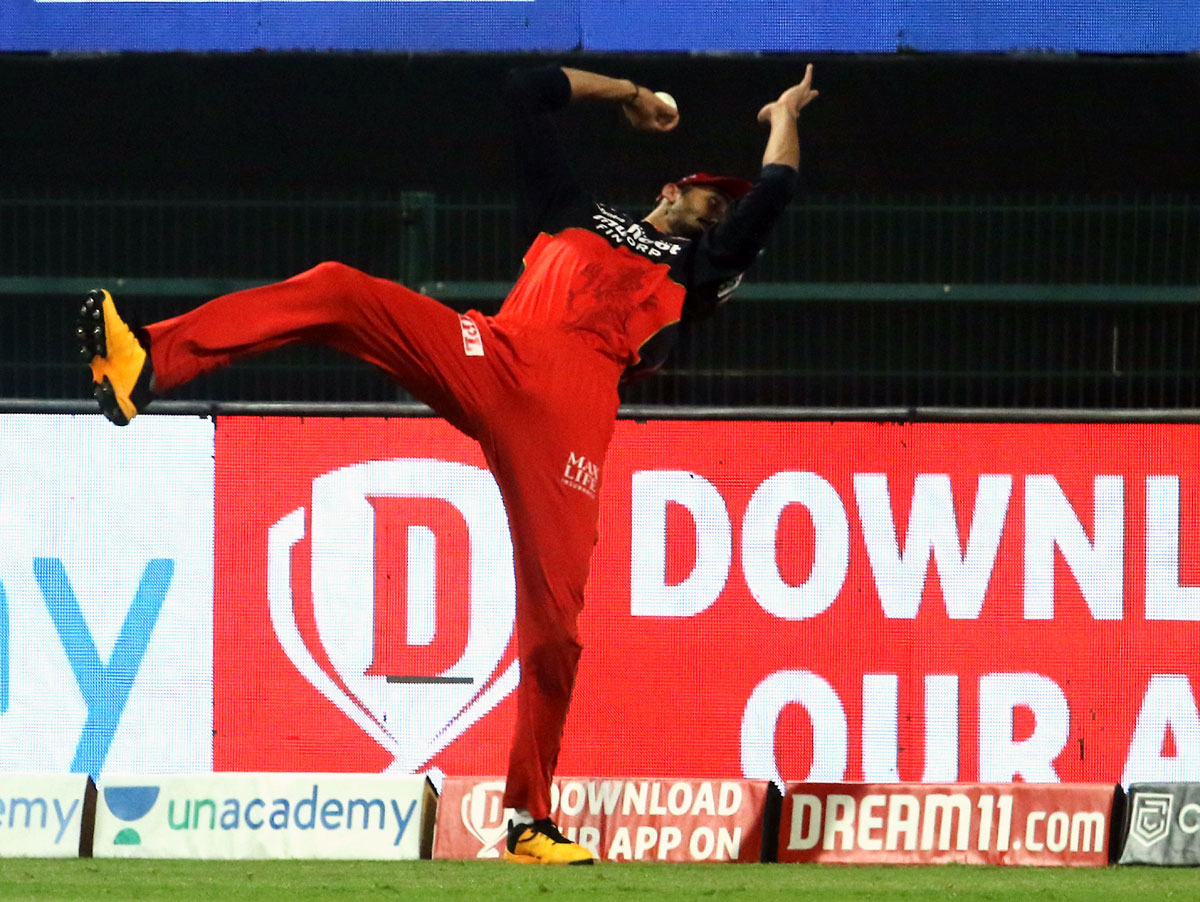 Royal Challengers Bangalore’s Devdutt Padikkal fails to hold on to a catch from SunRisers Hyderabad’s Kane Williamson on the boundary in the IPL Eliminator in Abu Dhabi on Friday