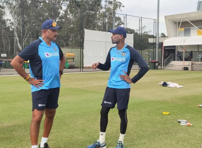 Ravi Shastri and Hardik Pandya in conversation at the nets session on Wednesday